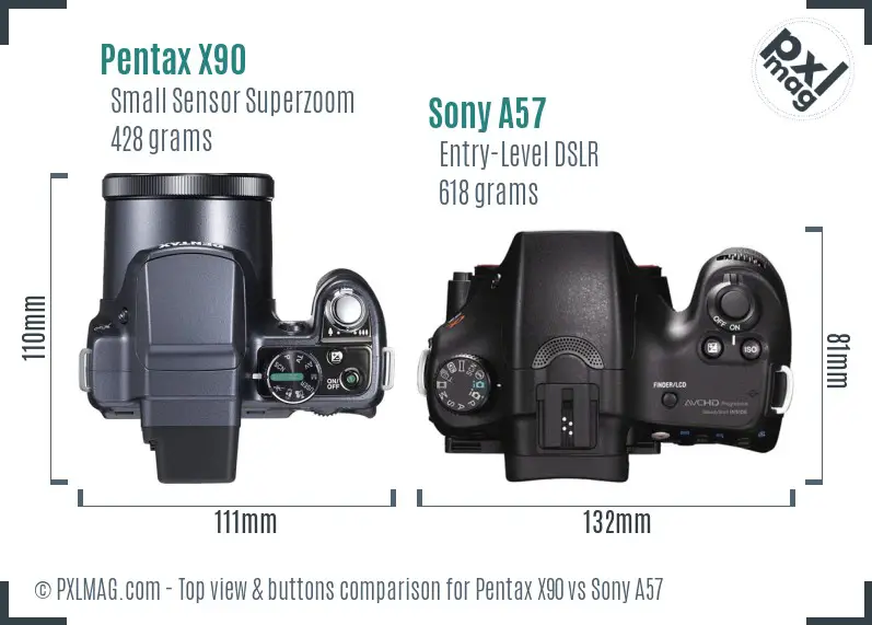 Pentax X90 vs Sony A57 top view buttons comparison