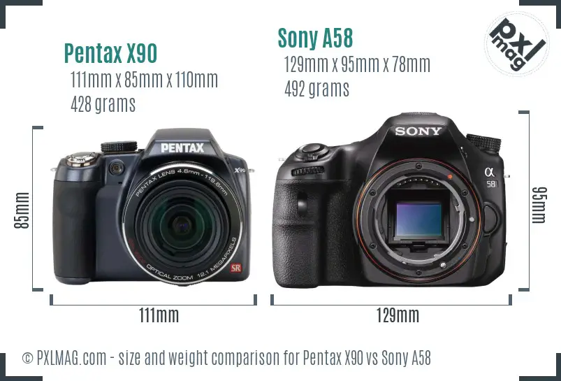 Pentax X90 vs Sony A58 size comparison