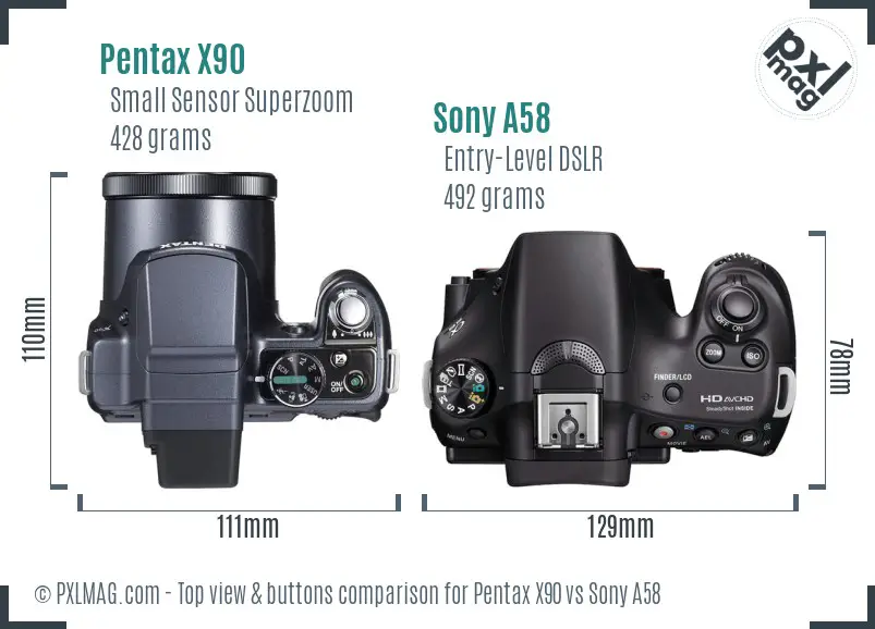 Pentax X90 vs Sony A58 top view buttons comparison