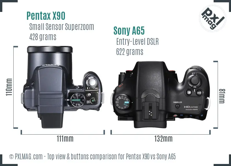 Pentax X90 vs Sony A65 top view buttons comparison