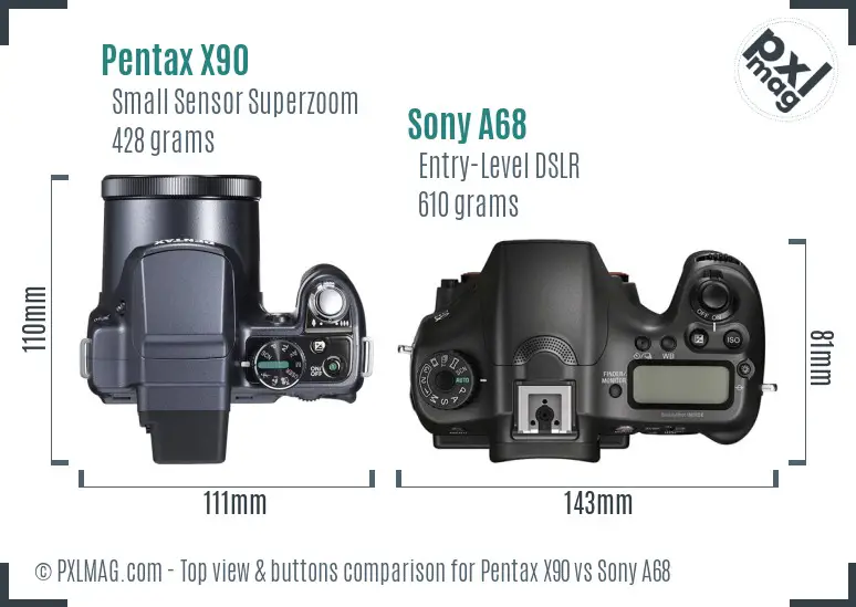 Pentax X90 vs Sony A68 top view buttons comparison
