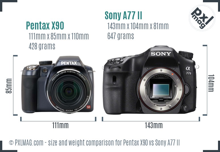 Pentax X90 vs Sony A77 II size comparison