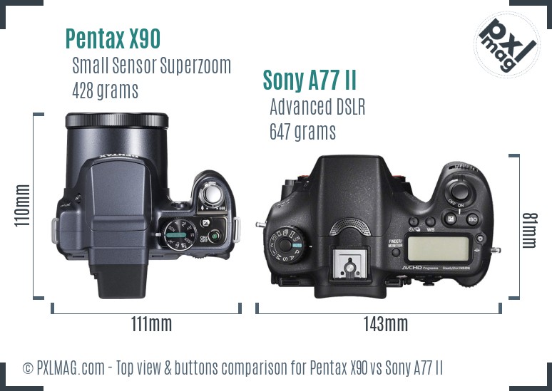 Pentax X90 vs Sony A77 II top view buttons comparison