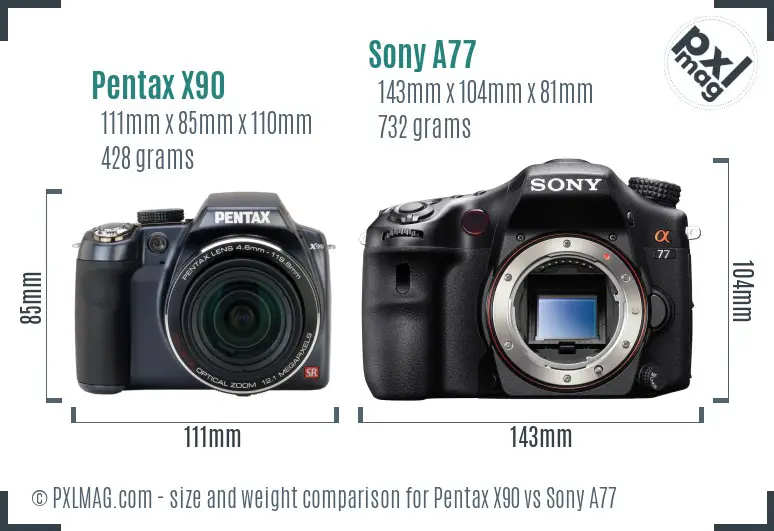 Pentax X90 vs Sony A77 size comparison
