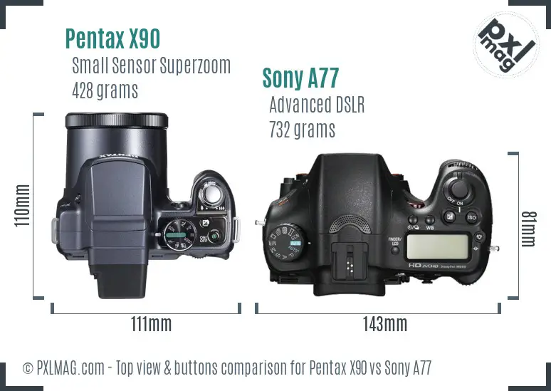 Pentax X90 vs Sony A77 top view buttons comparison