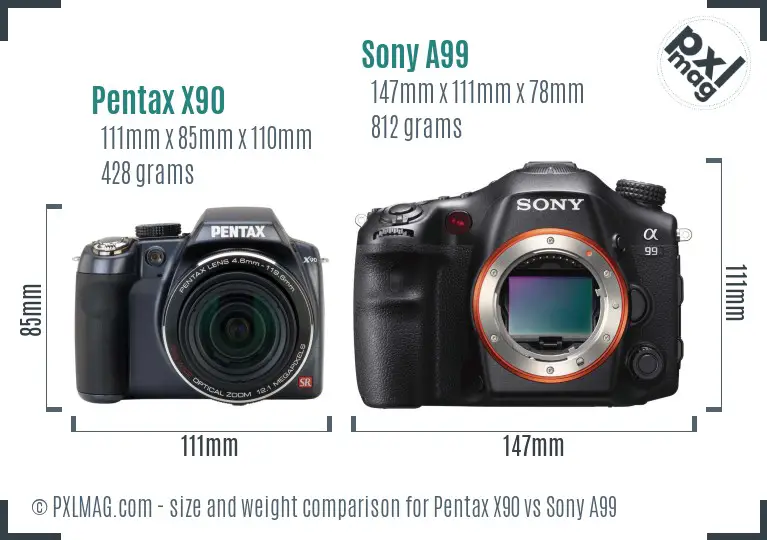 Pentax X90 vs Sony A99 size comparison