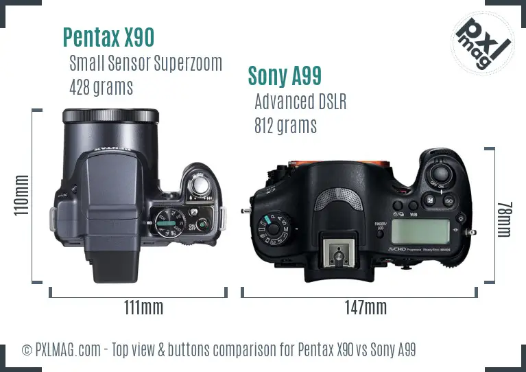 Pentax X90 vs Sony A99 top view buttons comparison