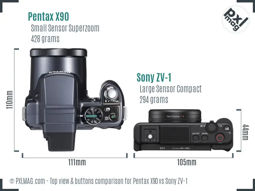 Pentax X90 vs Sony ZV-1 top view buttons comparison