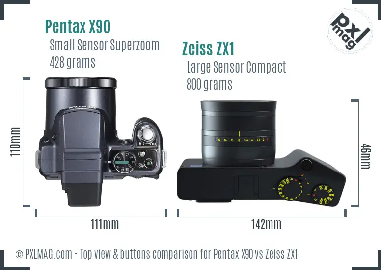Pentax X90 vs Zeiss ZX1 top view buttons comparison