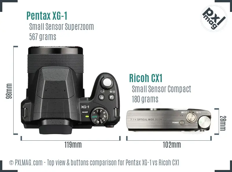 Pentax XG-1 vs Ricoh CX1 top view buttons comparison