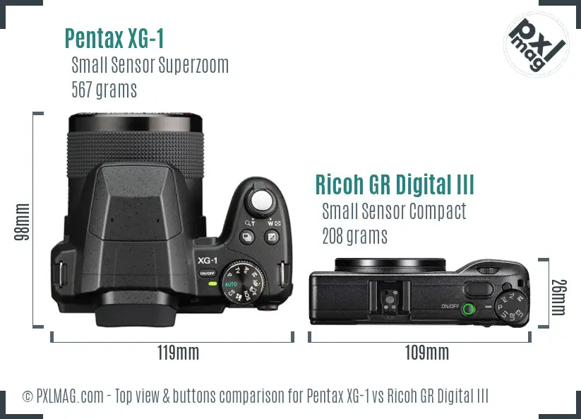 Pentax XG-1 vs Ricoh GR Digital III top view buttons comparison