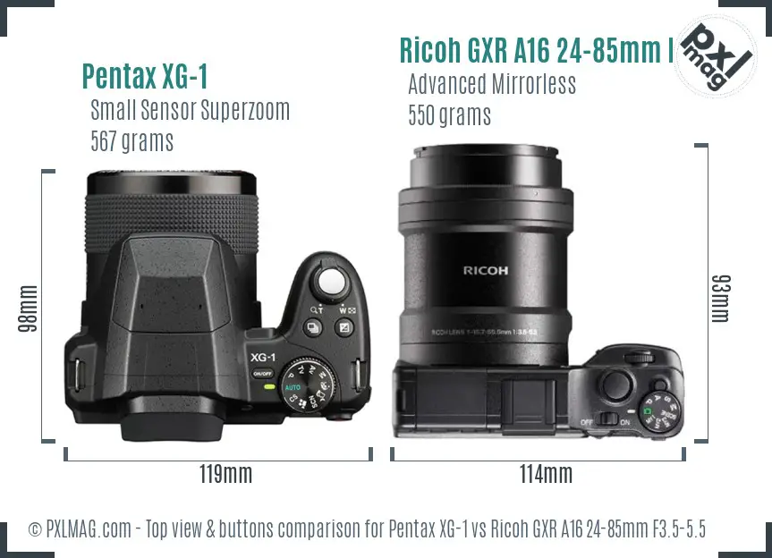Pentax XG-1 vs Ricoh GXR A16 24-85mm F3.5-5.5 top view buttons comparison