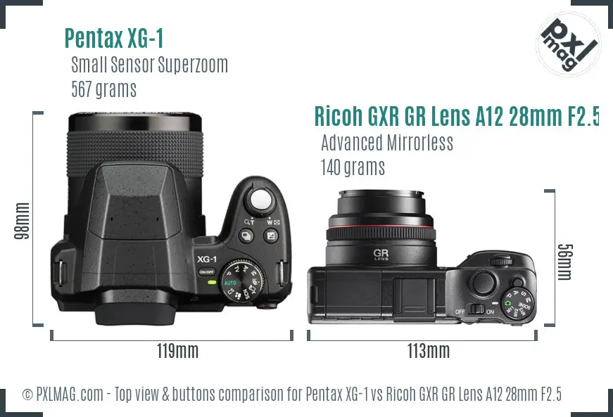 Pentax XG-1 vs Ricoh GXR GR Lens A12 28mm F2.5 top view buttons comparison