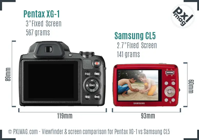 Pentax XG-1 vs Samsung CL5 Screen and Viewfinder comparison