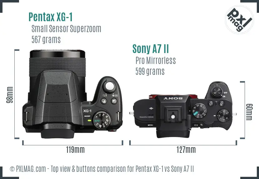 Pentax XG-1 vs Sony A7 II top view buttons comparison