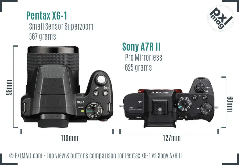 Pentax XG-1 vs Sony A7R II top view buttons comparison