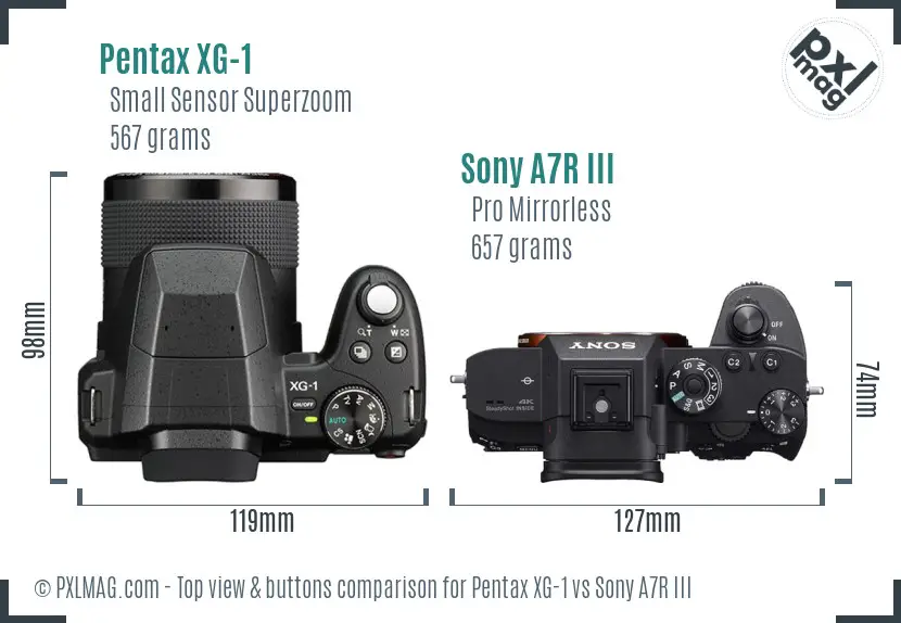 Pentax XG-1 vs Sony A7R III top view buttons comparison