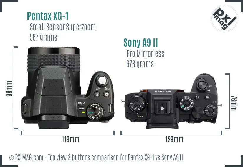 Pentax XG-1 vs Sony A9 II top view buttons comparison