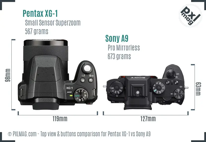 Pentax XG-1 vs Sony A9 top view buttons comparison