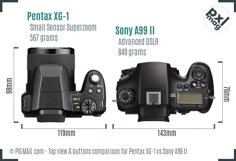 Pentax XG-1 vs Sony A99 II top view buttons comparison