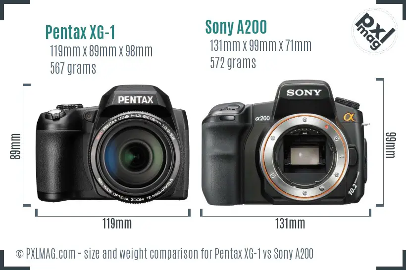 Pentax XG-1 vs Sony A200 size comparison