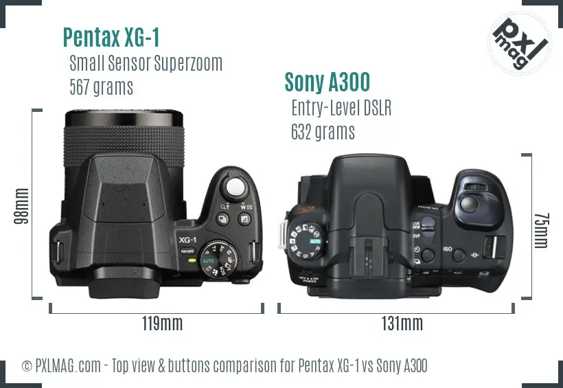 Pentax XG-1 vs Sony A300 top view buttons comparison Pentax XG-1 vs Sony A300 top view buttons comparison