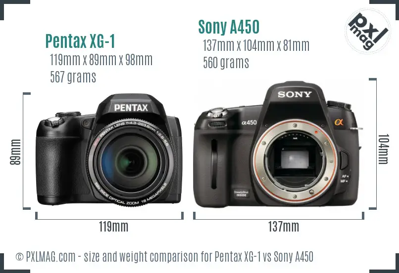 Pentax XG-1 vs Sony A450 size comparison