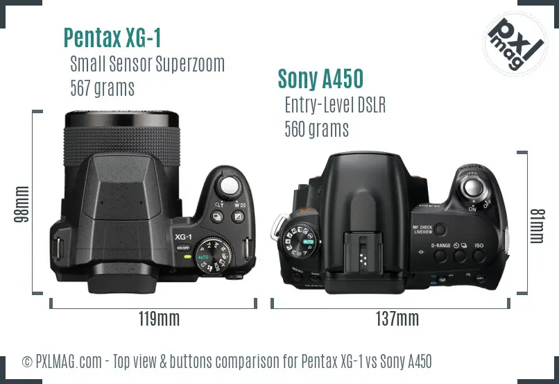 Pentax XG-1 vs Sony A450 top view buttons comparison