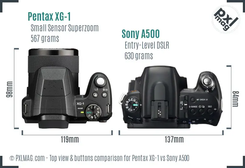 Pentax XG-1 vs Sony A500 top view buttons comparison