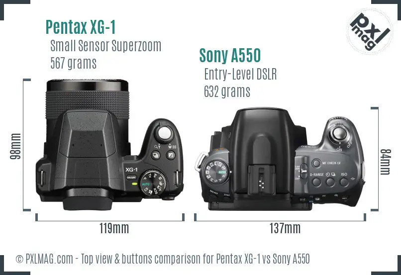 Pentax XG-1 vs Sony A550 top view buttons comparison