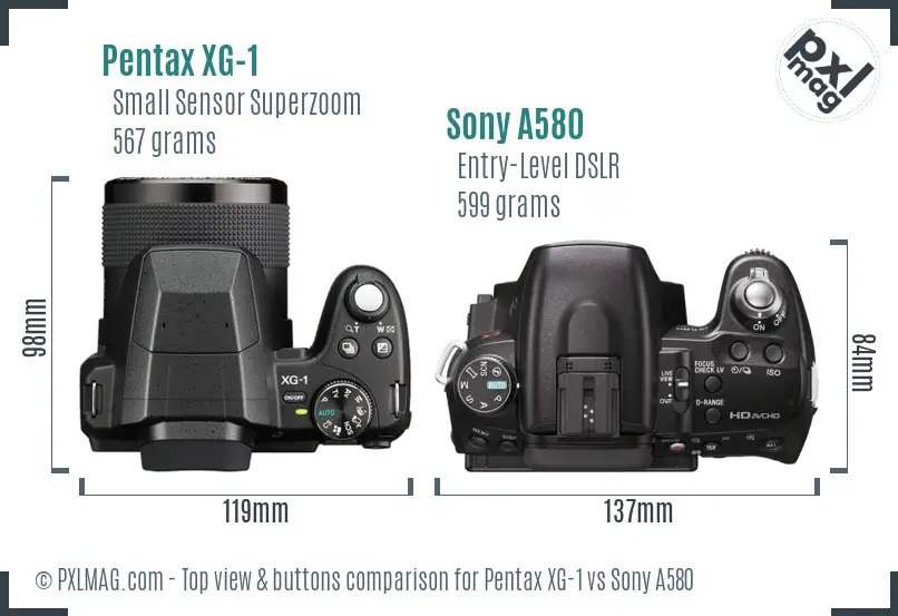 Pentax XG-1 vs Sony A580 top view buttons comparison