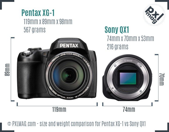 Pentax XG-1 vs Sony QX1 size comparison