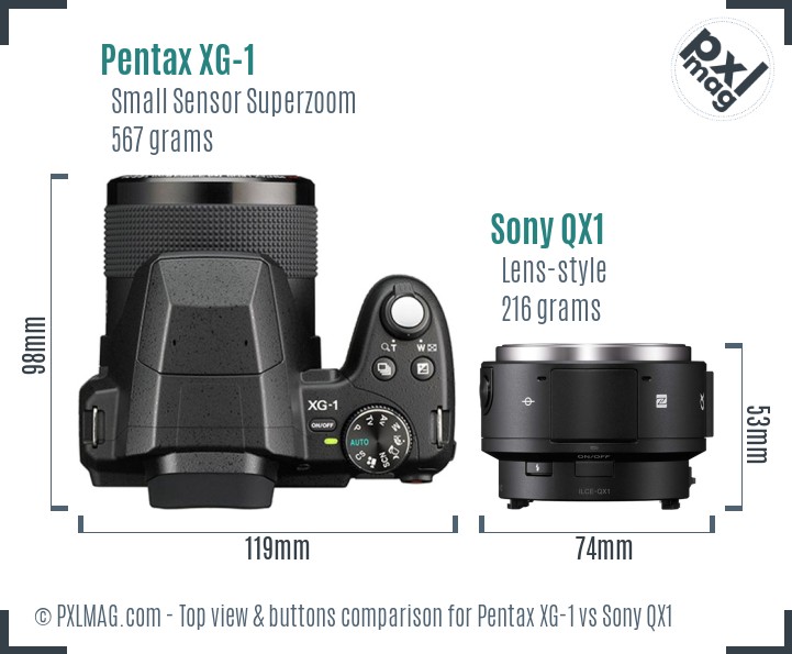 Pentax XG-1 vs Sony QX1 top view buttons comparison