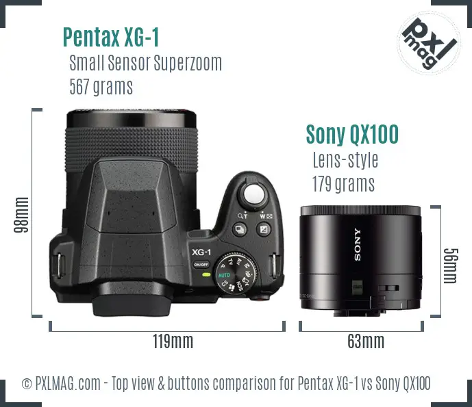 Pentax XG-1 vs Sony QX100 top view buttons comparison Pentax XG-1 vs Sony QX100 top view buttons comparison