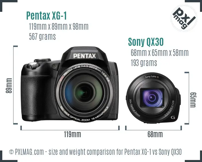 Pentax XG-1 vs Sony QX30 size comparison