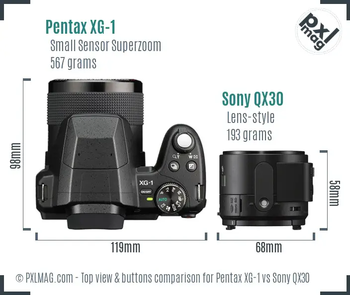 Pentax XG-1 vs Sony QX30 top view buttons comparison