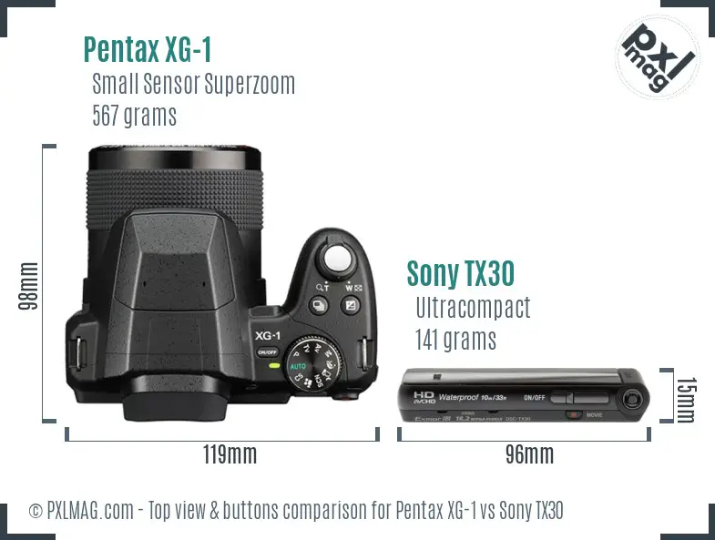 Pentax XG-1 vs Sony TX30 top view buttons comparison