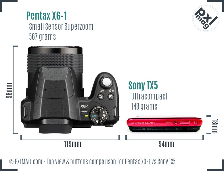 Pentax XG-1 vs Sony TX5 top view buttons comparison