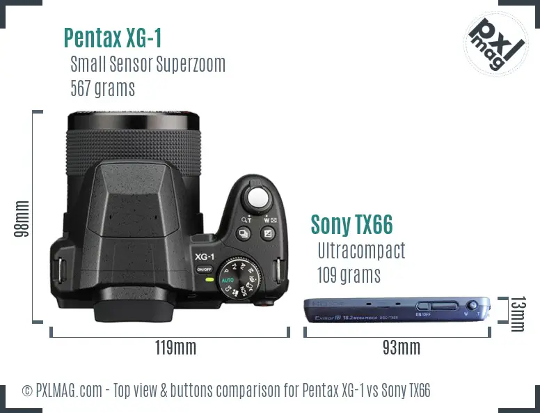 Pentax XG-1 vs Sony TX66 top view buttons comparison