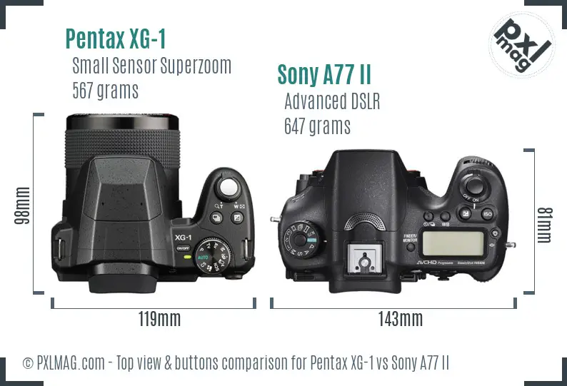 Pentax XG-1 vs Sony A77 II top view buttons comparison