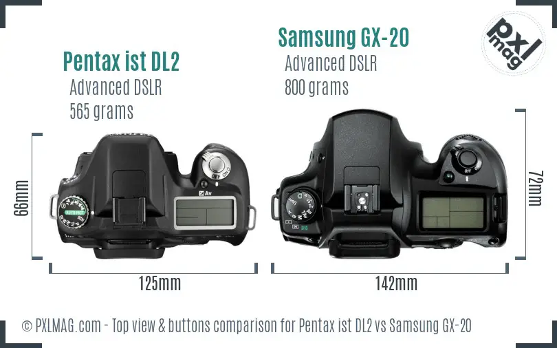 Pentax ist DL2 vs Samsung GX-20 top view buttons comparison