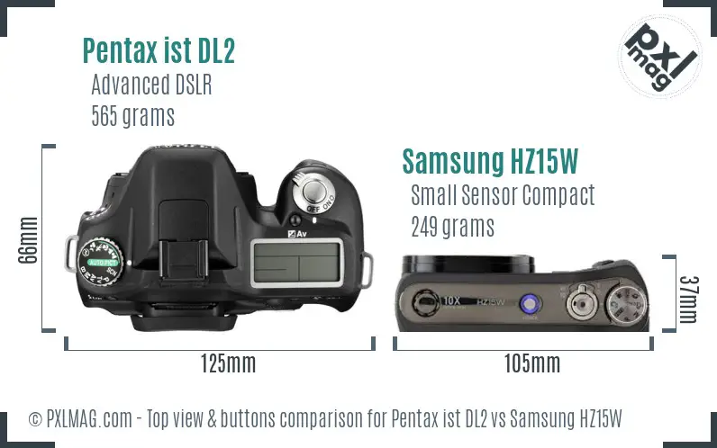 Pentax ist DL2 vs Samsung HZ15W top view buttons comparison Pentax ist DL2 vs Samsung HZ15W top view buttons comparison