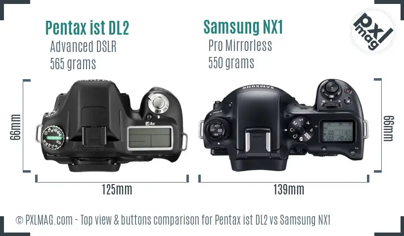 Pentax ist DL2 vs Samsung NX1 top view buttons comparison Pentax ist DL2 vs Samsung NX1 top view buttons comparison