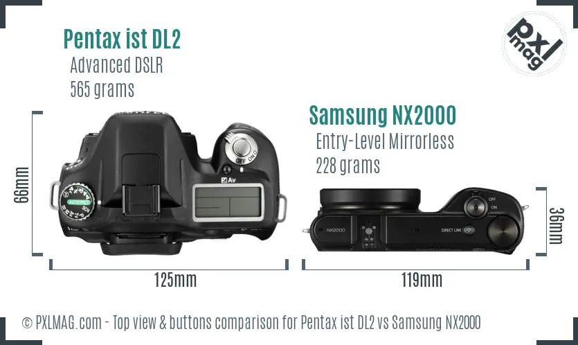 Pentax ist DL2 vs Samsung NX2000 top view buttons comparison Pentax ist DL2 vs Samsung NX2000 top view buttons comparison