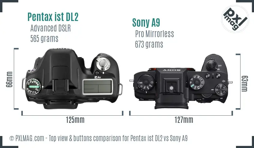 Pentax ist DL2 vs Sony A9 top view buttons comparison Pentax ist DL2 vs Sony A9 top view buttons comparison