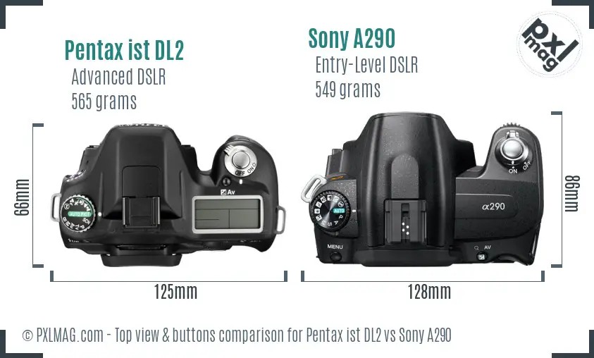 Pentax ist DL2 vs Sony A290 top view buttons comparison