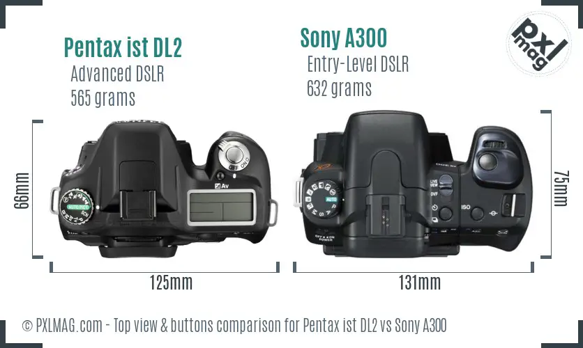 Pentax ist DL2 vs Sony A300 top view buttons comparison