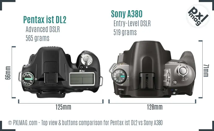 Pentax ist DL2 vs Sony A380 top view buttons comparison