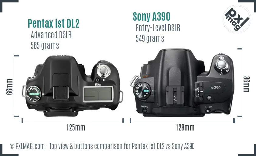 Pentax ist DL2 vs Sony A390 top view buttons comparison