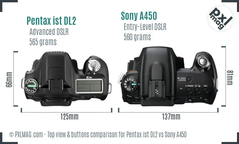 Pentax ist DL2 vs Sony A450 top view buttons comparison